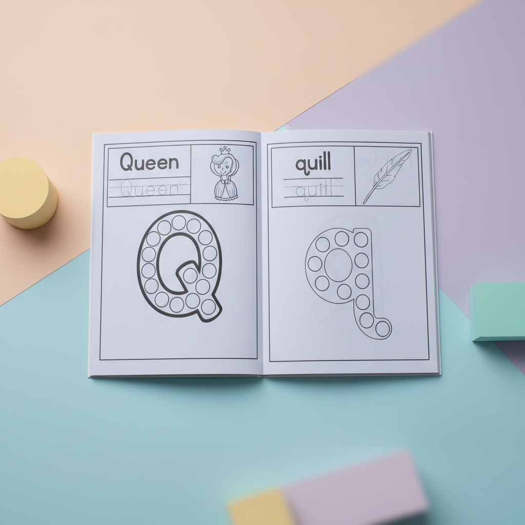 Open spread with a letter Q tracing and dot-marker page, illustrated with a queen and a quill