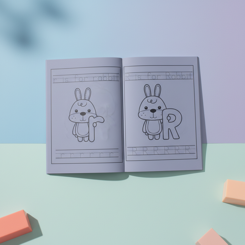 Open spread with an uppercase and lowercase letter R tracing page, illustrated with a rabbit