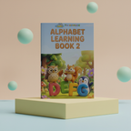 Alphabet Learning Book 2 cover on a stand, showing an owl, squirrel and penguin with letters D, E, F and G
