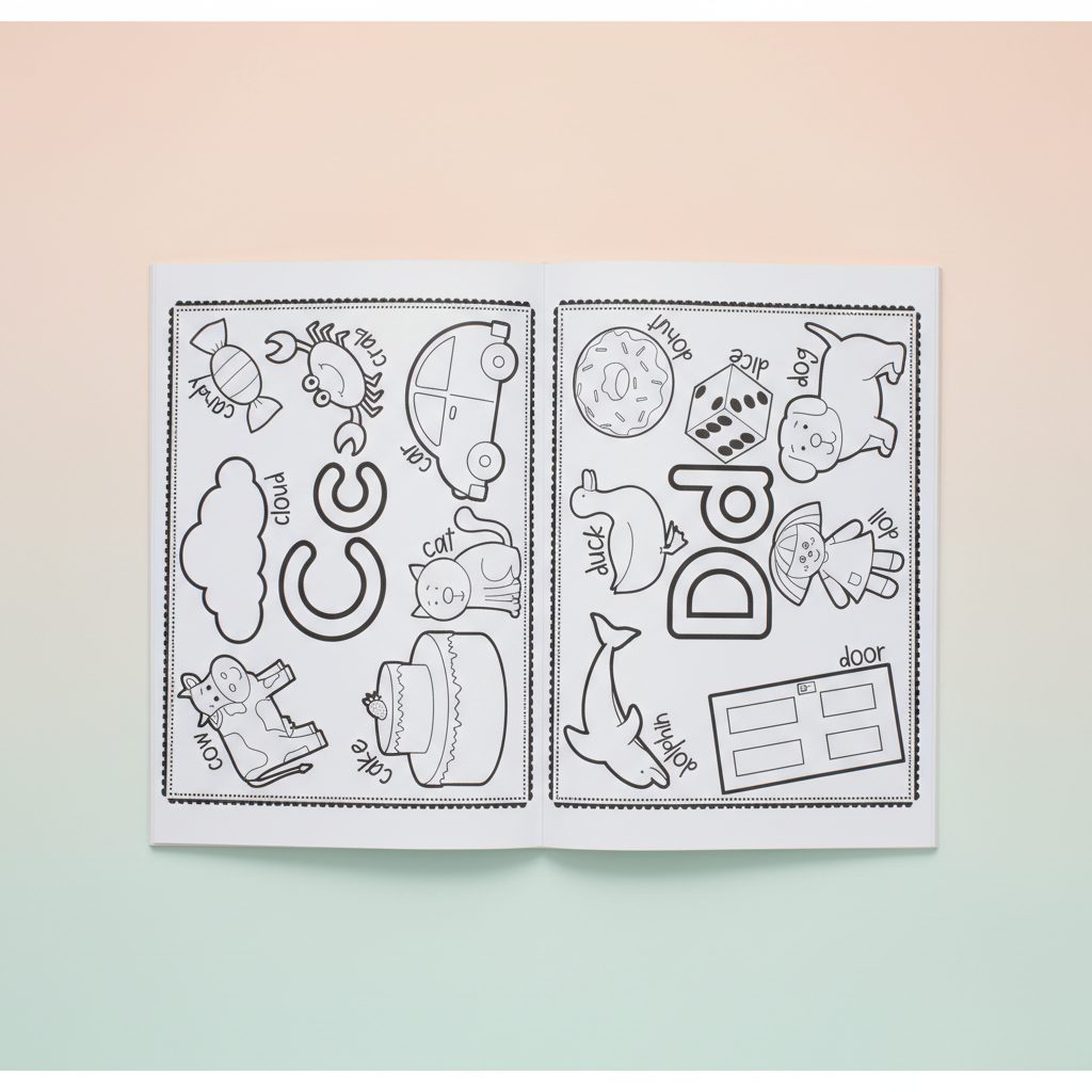 Open coloring spread with outlined letter C and D pages, featuring items like candy, crab, cloud, dice, dog and door to color