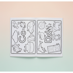 Open coloring spread with outlined letter C and D pages, featuring items like candy, crab, cloud, dice, dog and door to color