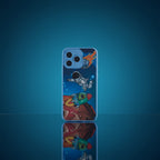 Back view of the toy phone showing a printed astronaut and rocket space-themed design with a triple-camera-lens graphic
