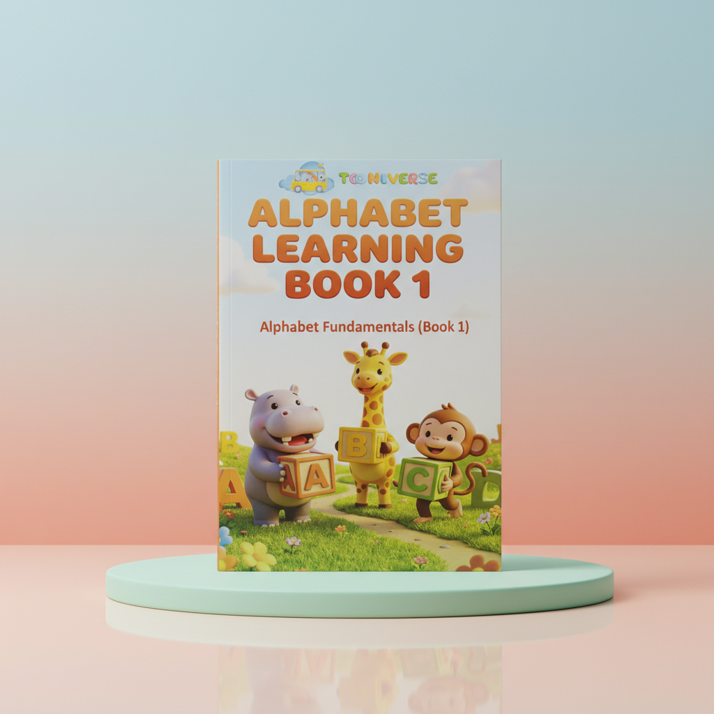 Alphabet Learning Book 1 cover on a teal podium, subtitled Alphabet Fundamentals, with a hippo, giraffe and monkey holding ABC blocks