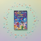 Space Fun Activity Book cover with a colorful galaxy and planet illustration, surrounded by pastel confetti shapes