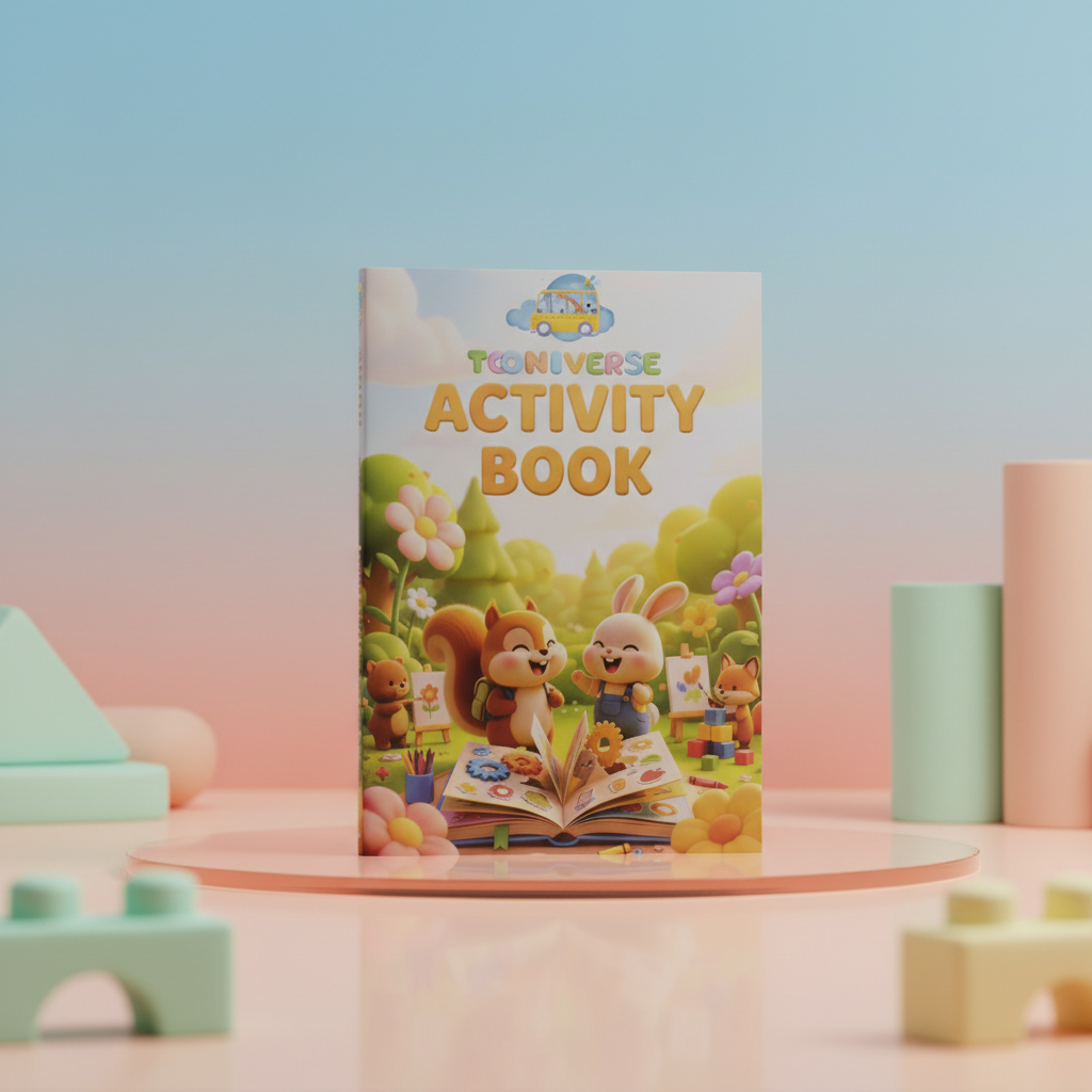 Tooniverse Activity Book cover on a pastel podium, with a smiling squirrel and rabbit coloring together