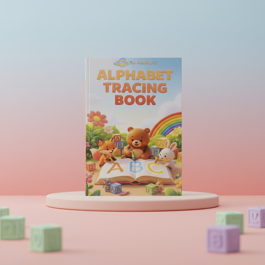 Alphabet Tracing Book cover on a pink podium, showing a bear, fox and rabbit tracing ABC on an open book under a rainbow