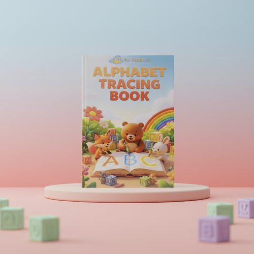 Alphabet Tracing Book cover on a pink podium, showing a bear, fox and rabbit tracing ABC on an open book under a rainbow