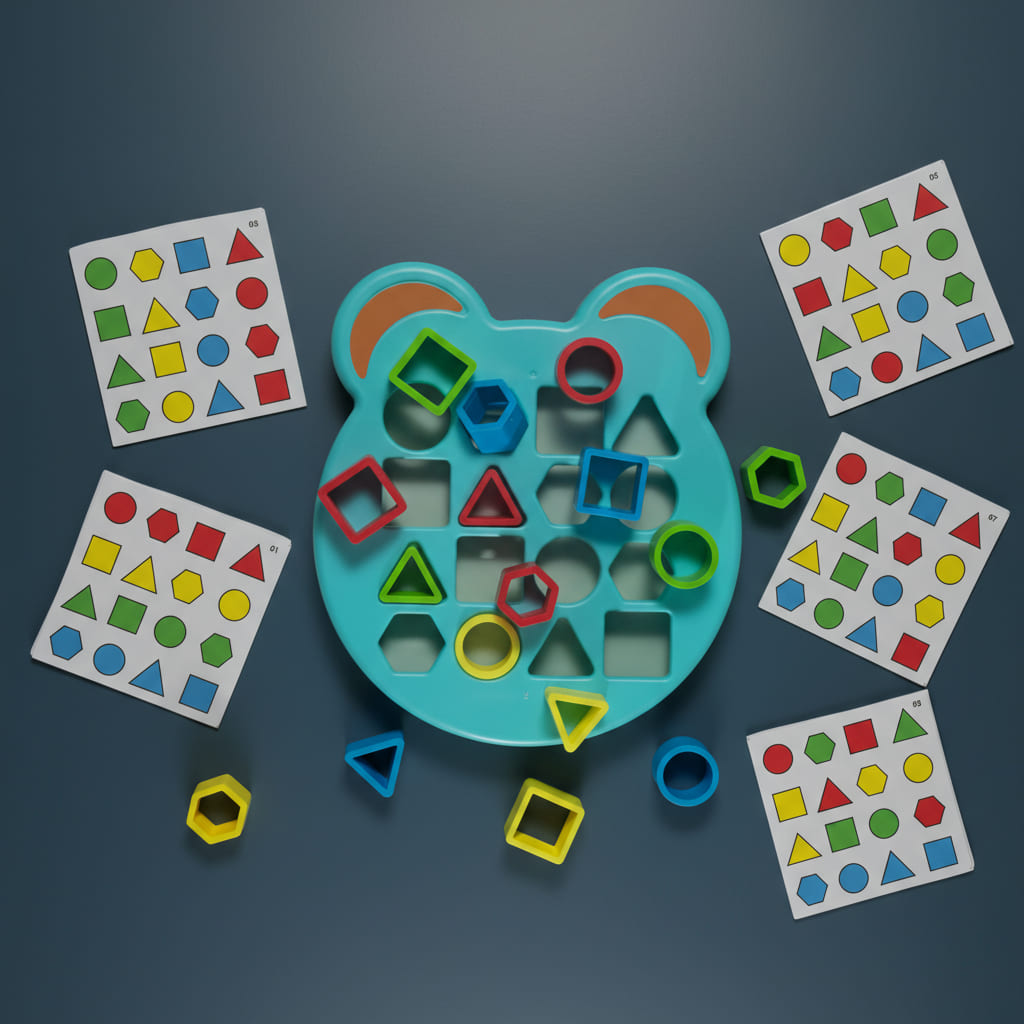 Overhead flat lay of the teal bear-shaped shape-sorting board with colorful shape pieces, surrounded by four printed shape-pattern matching cards