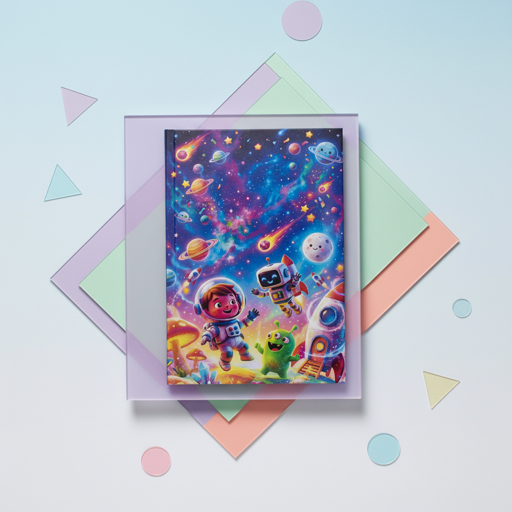 Cover artwork of an astronaut child, robot and green alien in a starry galaxy scene, standing upright among translucent shapes