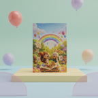 Book cover artwork of a squirrel and rabbit painting under a rainbow, standing upright among floating party balloons