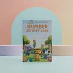 Number Activity Book cover showing an elephant, lion and penguin playing with numbered blocks 1 to 4 and an abacus