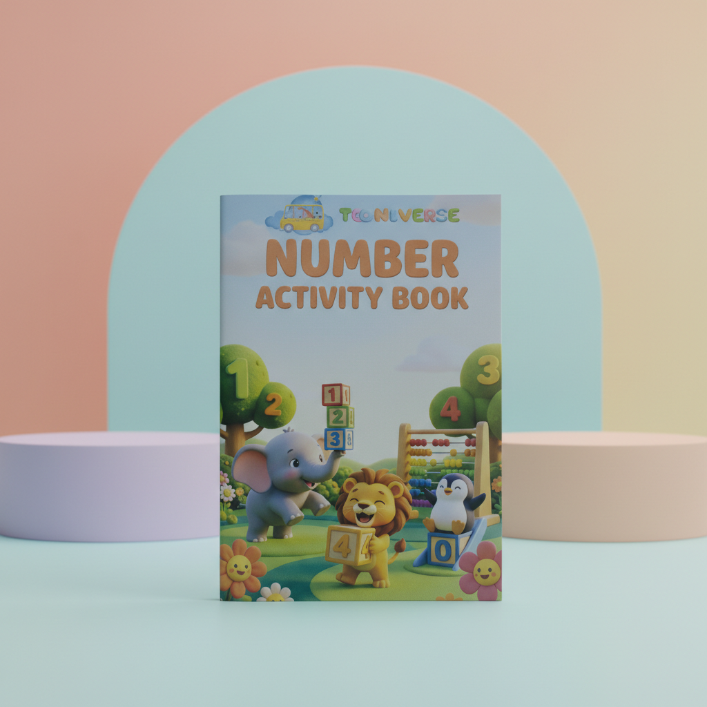 Number Activity Book cover showing an elephant, lion and penguin playing with numbered blocks 1 to 4 and an abacus