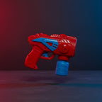 Close-up floating shot of the red and blue bubble gun blaster with its solution bottle attached, dramatic red and blue dual-tone lighting