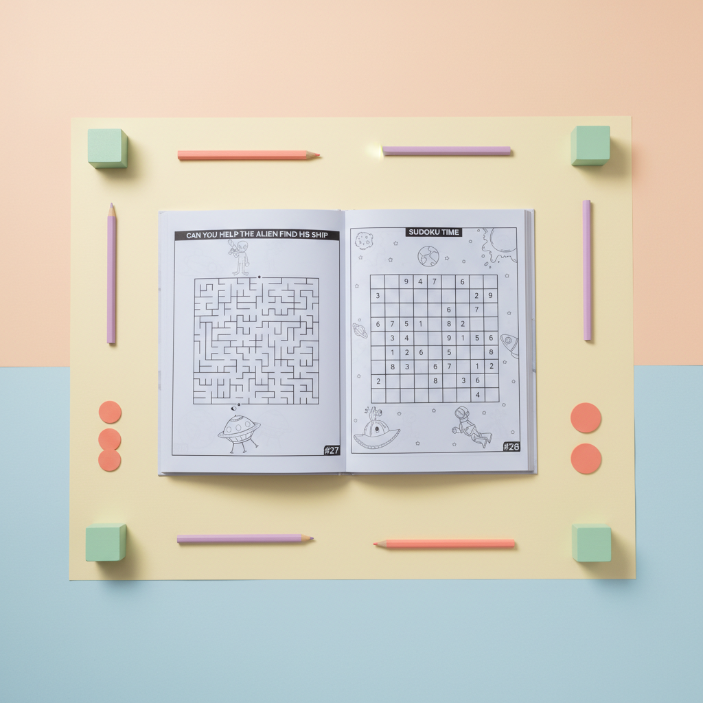 Open spread with an alien maze puzzle and a sudoku grid puzzle, flanked by colored pencils